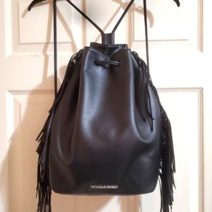 NWOT Victoria's Secret black faux leather fringe drawstring bag backpack